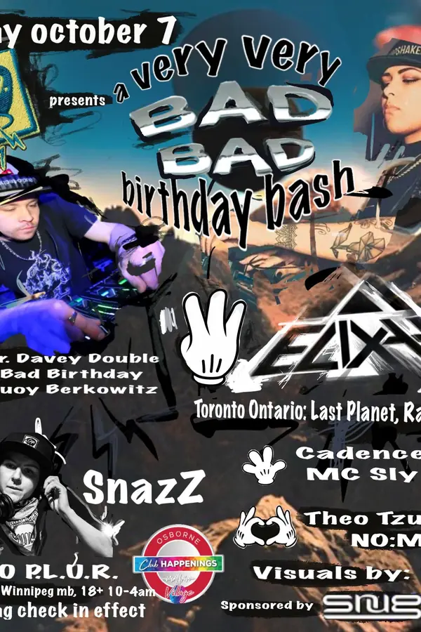 A Very Very Bad Bad Birthday Bash flyer — a cut-and-paste collage of DJs over a desert landscape