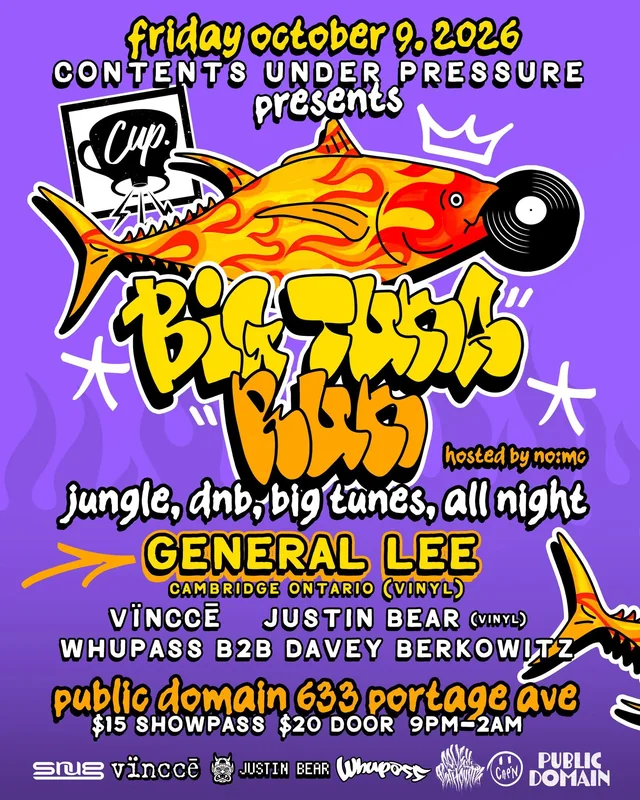 Big Tuna Run poster — a flaming tuna with a vinyl record for a head, over graffiti lettering