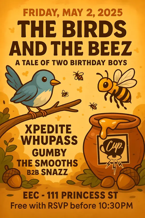 The Birds and the Beez flyer — a bluebird on a branch and a bee over a honey pot carrying the CUP mark