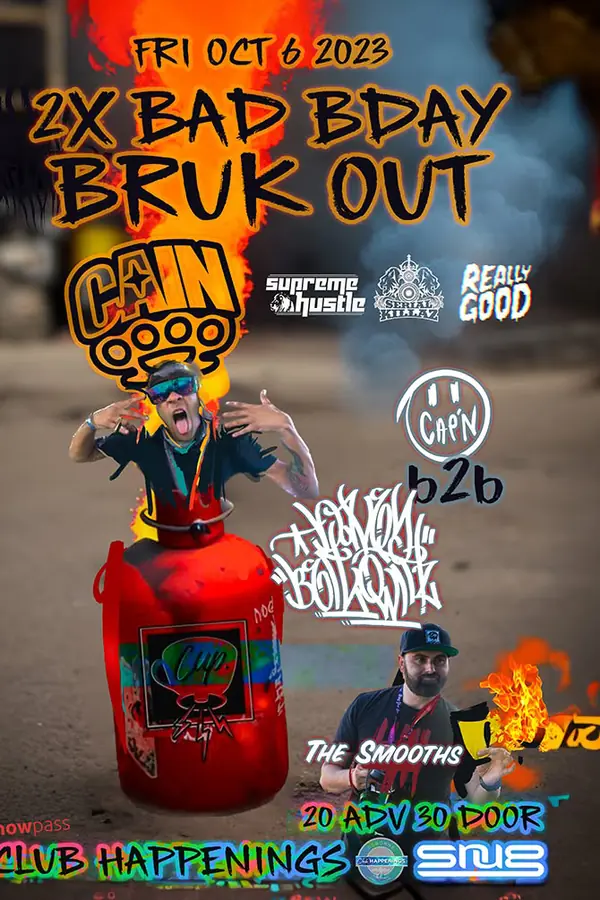 2x Bad Bday Bruk Out flyer — a DJ bursting out of a red fire extinguisher in a cloud of smoke