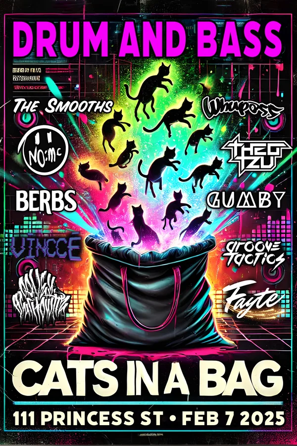 Cats In A Bag flyer — neon cats bursting out of a black bag