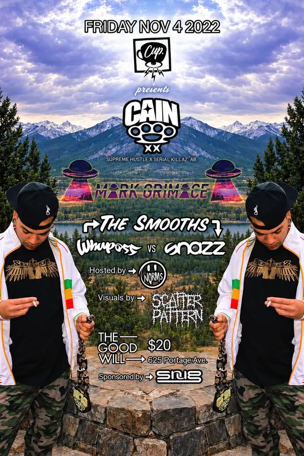 dj CAIN flyer — a mirrored figure in a white track jacket on a stone lookout below mountains