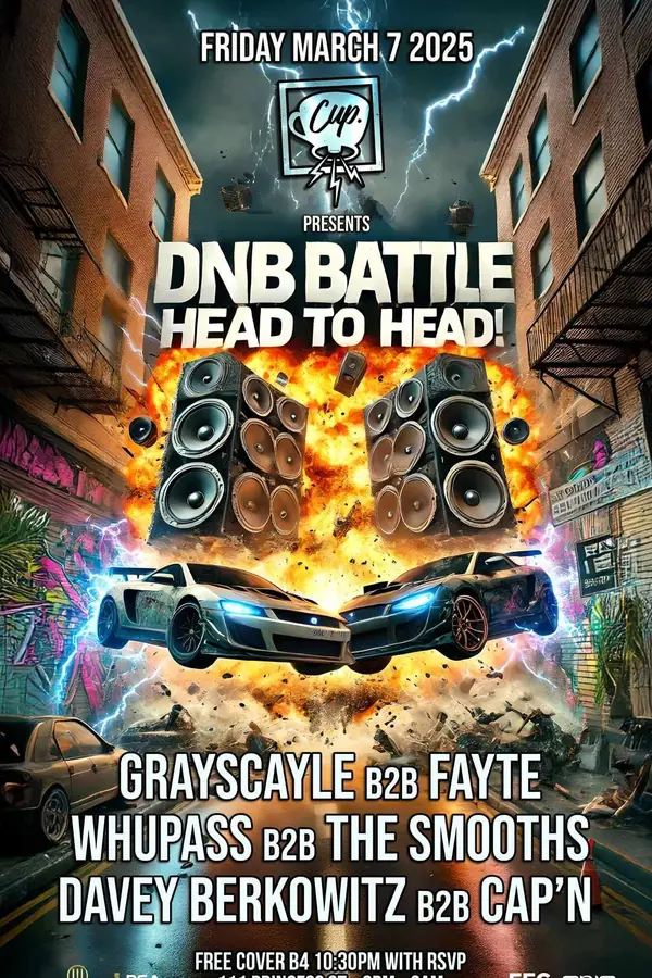 DNB Battle flyer — two cars nose to nose in front of exploding speaker stacks