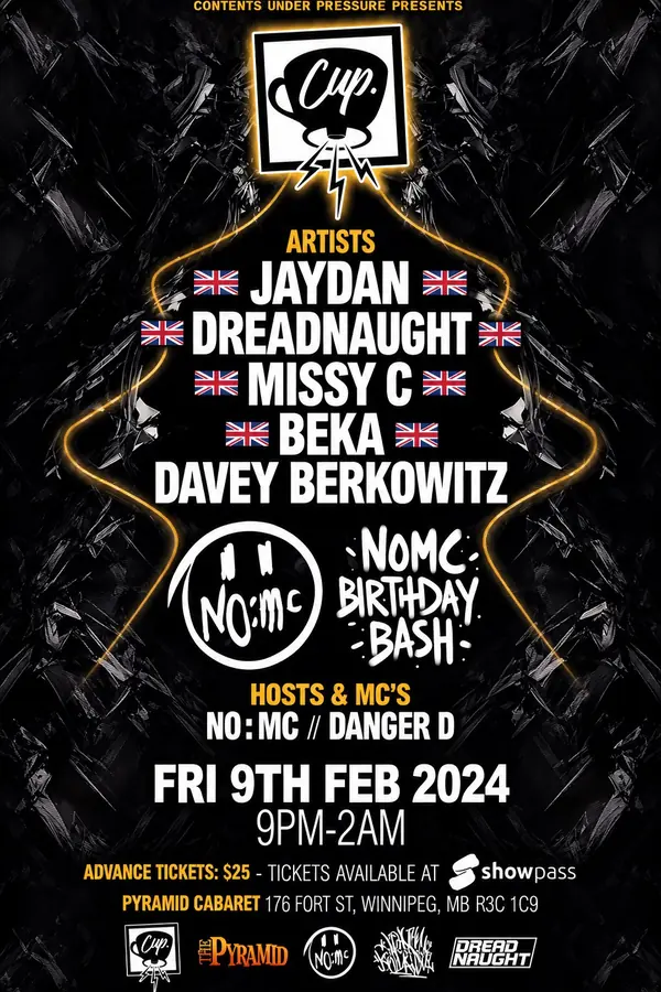 NO:MC Birthday Bash flyer — the NO:MC smiley and the CUP mark on shattered black glass