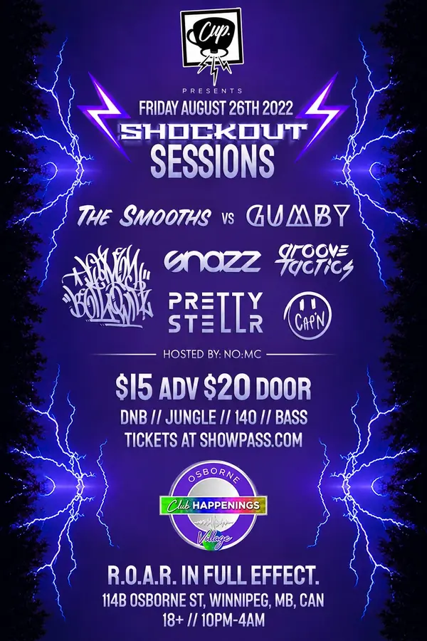 Shockout Sessions flyer — a purple field split by two forks of blue lightning