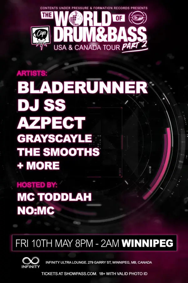 The World of Drum & Bass flyer — a magenta radar sweep on black, with the CUP mark in the title block